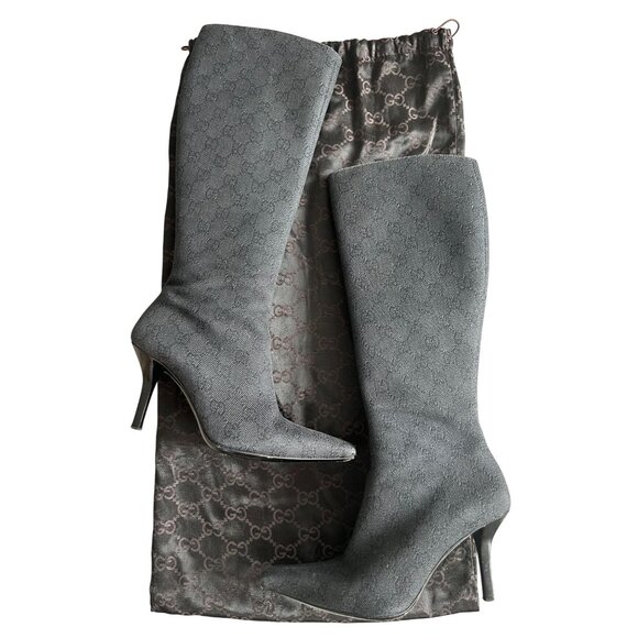GUCCI Vintage Black Denim Logo Heels Boots Size 36.5 - Picture 1 of 11